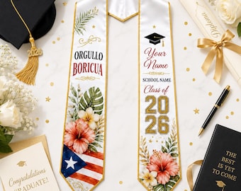 Personalized Puerto Rico Graduation Stole Class of 2026, Orgullo Boricua Grad Sash, Custom Name Hispanic Graduation Stole