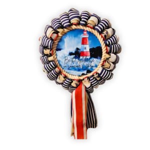 Nautical Lighthouse Wreath: Navy Striped Ribbon, Coastal Beach House Decor