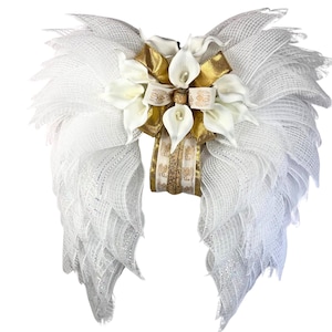 Angel Wings Wreath White Calla Lilies Gold Ribbon Memorial Elegant Religious Wall Hanging Decor, Sympathy Angel Wing Decor, Bereavement Gift