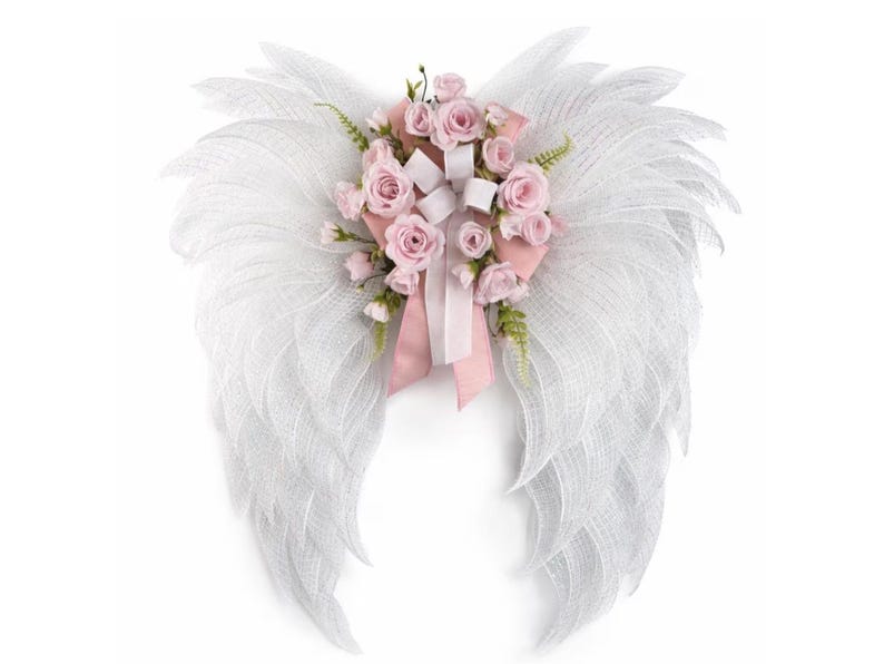 Memorial Angel Wings, Sympathy Angel Wing Wreath, Blush Pink Remembrance Decor, Bereavement Gift, Comfort Memorial Decor image 1