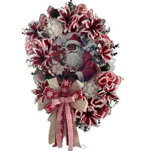 Handmade Santa Christmas Wreath: Red & White Flowers, Snowflakes