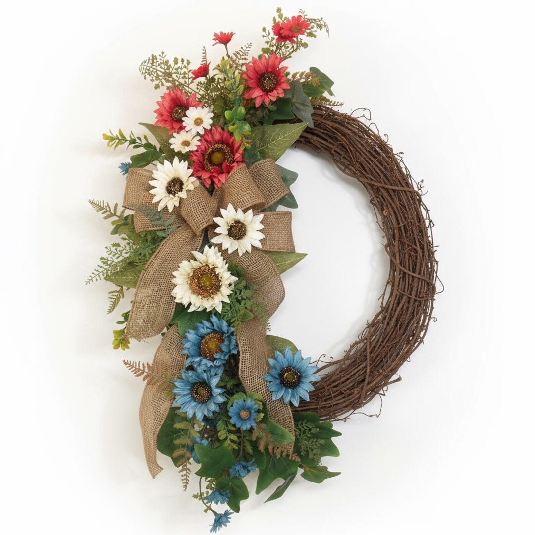 Sunflower Grapevine Wreath With Burlap Bow | Rustic Farmhouse Front ...