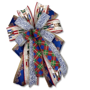 Nutcracker Christmas Bow, Holiday Door Bow, Red Blue Gold Ribbon Bow, Nutcracker Tree Topper, Handmade Christmas Decor Gift
