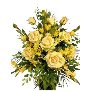 Yellow Rose Funeral Arrangement – Flat Back Sympathy Floral Tribute, Memorial Cemetery Flowers, Artificial Grave Decoration