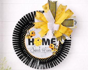 Bee Wreath for Front Door, Home Sweet Home Wreath, Yellow Black Summer Decor, Farmhouse Bee Wreath with Bow, Honeybee Door Hanger
