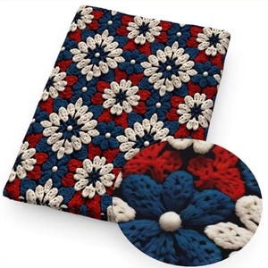 May include: Red, white, and blue crocheted fabric with a repeating pattern of flowers. The fabric is textured and has a 3D effect.