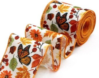 2.5" 63mm (5 yard roll) Fall Butterfly Wired flax Burlap ribbon printed flax ribbon crafting ribbon wreath Bow