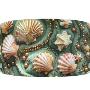 Cinta de grosgrain para manualidades de 1,5" (1 yarda) con diseño de concha marina, estrella de mar, sirena y playa en 3D, color morado