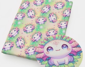FABRIC 100% cotton Axolotl Slamander Rainbow Bubbles 18x55" Vegan Cotton Sewing Craft material half yard
