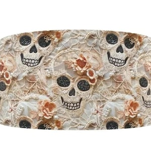 1,5" (1 werf) schedel skelet bloem 3D geborduurde look gedrukt grosgrain lint knutsellint abstract Dia De Las Muertes