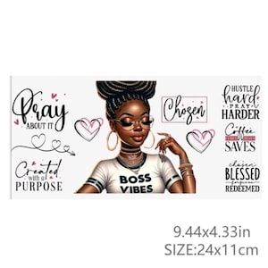 May include: A rectangular canvas print featuring a Black woman with glasses, gold hoop earrings, and a white t-shirt with "BOSS VIBES" printed on it. The print includes the phrases "Pray About It", "Chosen", and "Hustle Harder". The canvas measures 9.44 x 4.33 inches.