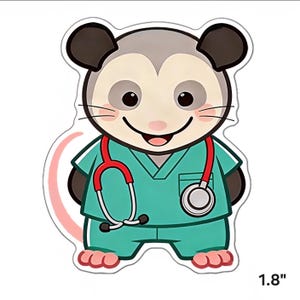 Puede incluir: Una pegatina con un dibujo de una zarigüeya con un uniforme verde azulado y un estetoscopio rojo. La zarigüeya tiene pelaje gris, orejas negras y una cara sonriente. La pegatina mide aproximadamente 4,5 cm de altura.