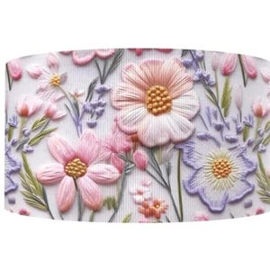 Ruban artisanal en gros-grain à imprimé floral de 1,5 po. (1 yard) look brodé 3D rose pâques jardin de fleurs