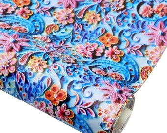 SMOOTH roll 3D look Flower floral faux leather Vegan synthetic craft fabric 12 x 55" Felt backing easy to cut full roll wholesale
