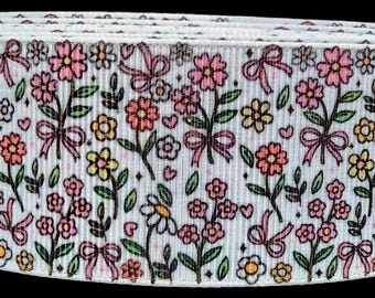 1.5" (1 yard) Bow Bows White Daisy spring garden flower floral printed grosgrain ribbon crafting ribbon