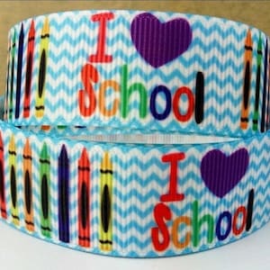1" (1 yarda) Me encanta la escuela Chevron crayón Volver a la escuela Flor floral cinta de grosgrain cinta para manualidades Cinta de lazo para el cabello
