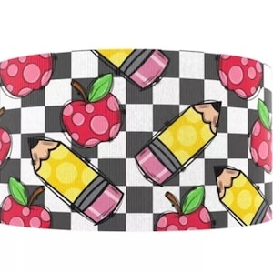 Nastro grosgrain stampato a scacchiera con mela e matita da 3&quot; (1 iarda) per il ritorno a scuola, nastro per l&#39;artigianato