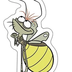 May include: A cartoon illustration of a green firefly with a yellow light on its abdomen. The firefly has large eyes and a friendly expression.