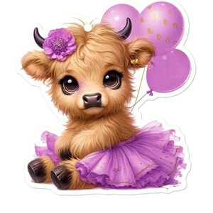 Pode incluir: Ilustração caprichosa de um bezerro com olhos grandes e expressivos, usando um tutu roxo e uma flor no cabelo. O bezerro está segurando três balões roxos, criando um design charmoso e divertido.