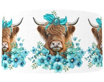 May include: A repeating pattern featuring a Highland cow with a teal bow and floral accents. The cow has brown fur and is surrounded by teal flowers and green leaves against a white background. The design is repeated across the image.