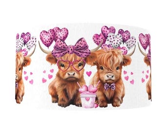May include: Two brown Highland cows with pink hearts and balloons. The cow on the left is wearing pink glasses and a pink bow. The cow on the right is wearing a blue bow tie. Both cows are holding a pink cup with a heart on it.
