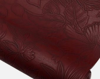 ロール状の深紅の花柄エンボス加工フェイクレザー、ビーガン合成繊維、12インチ×55インチ、フェルト裏地付き、簡単にカット可能、フルロール