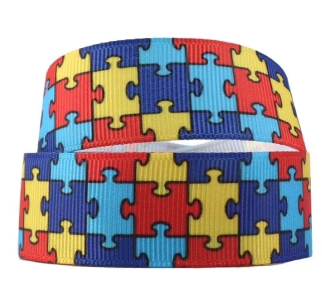 3/8" (1 Yard) Autism Awareness Rainbow Puzzle Grosgrain Ribbon Crafting ...