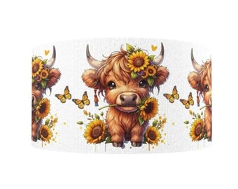 May include: A repeating pattern featuring a watercolor illustration of a Highland cow. The cow is brown with a sunflower crown and is holding a sunflower in its mouth. Yellow butterflies and sunflowers are scattered around the cow on a white background.