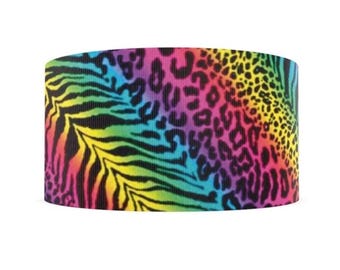 3" (1 yard) Rainbow bright leopard neon zebra cheetah print printed grosgrain crafting Hair Bow ribbon