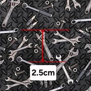 May include: A pattern of various silver-colored metal tools including wrenches, spark plugs, bolts, and nuts arranged on a dark gray diamond plate background. A red measurement line indicates a specific wrench length of 2.5 cm.