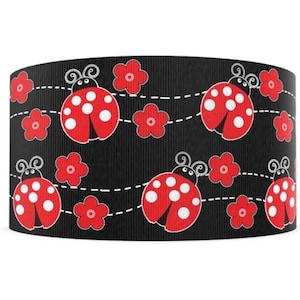 Nastro grosgrain stampato con coccinella rossa, fiore rosso e margherita, da 3" (1 iarda) per lavori artigianali