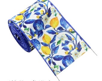 2.5" 63mm (5 yard roll) Lemon Blueberry Wired flax printed ribbon crafting ribbon wreath Bow