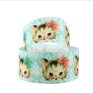 1,5 po. (1 yard) chat chaton Kitty fleur ruban gros-grain imprimé floral ruban de fabrication de ruban look vintage