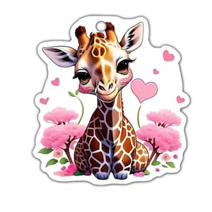 May include: A die-cut sticker featuring a cartoon giraffe with brown and white spots, sitting among pink flowers and hearts. The giraffe has large, expressive eyes and a gentle smile, with a white background.