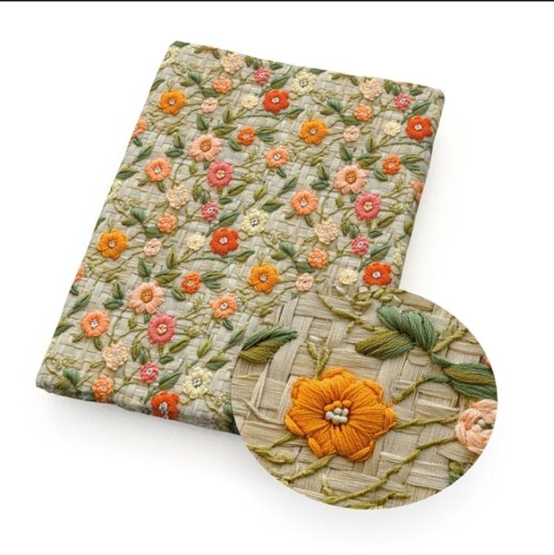 生地 ポリコットン 3D かぎ針編み 刺繍風 花柄 フェイクバスケット織り