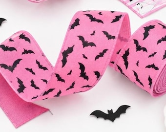 2.5" 63mm (5 yard roll) Halloween Pink Black bat Wired flax Burlap ribbonprinted flax ribbon crafting ribbon wreath Bow