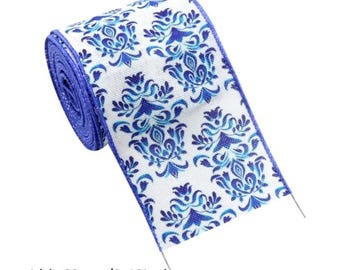 2.5" 63mm (5 yard roll) Vintage blue ceramic pattern Wired flax printed ribbon crafting ribbon wreath Bow