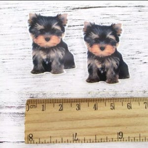 May include: Two black and brown Yorkshire Terrier dog figurines, each about 2 inches tall, are sitting on a wooden surface with a ruler for scale.