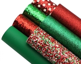 7 piece red and green glitter and solid Faux leather sheet set craft fabric printed 8 x 13" sheets red Santa plaid leopard reindeer tree