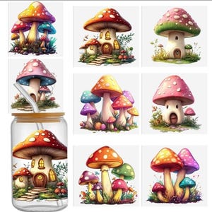 May include: A set of nine colorful mushroom illustrations with houses inside. The mushrooms are various shades of red, pink, orange, and yellow. The houses are white with brown doors and windows. The illustrations are perfect for adding a whimsical touch to any project.