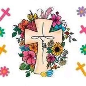 May include: A cream-colored cross with the word "faith" in the center, surrounded by colorful flowers and Easter bunny ears. Scattered around are crosses and flowers in various colors, including pink, yellow, and purple.