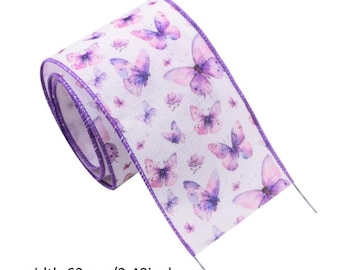 2.5" 63mm (5 yard roll) Purple Butterfly Wired flax Burlap ribbon printed flax ribbon crafting ribbon wreath Bow