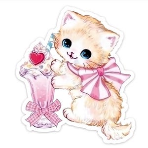 May include: A sticker of a charming cartoon kitten with large blue eyes and a pink bow. The kitten is holding a pink milkshake with whipped cream and a heart-shaped cherry. The milkshake is in a decorative glass with a pink bow.