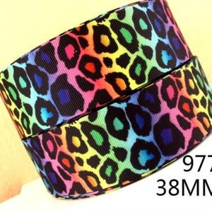 1.5&quot; (1 yard) Leopard rainbow animal print neon pattern printed grosgrain ribbon crafting ribbon