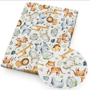 FABRIC Cotton Zoo animals jungle safari  20&quot;x55&quot; Vegan 100% Cotton Sewing Craft material elephant giraffe rhino lion
