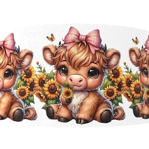 3 "(1 yard) Highland Kuh Sonnenblume Blumen floral Land Bauernhof Ranch Ripsband basteln Band Baby Kalb gedruckt