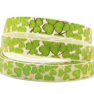 Cinta de grosgrain verde de la suerte con forma de trébol de San Patricio con lámina dorada de 3/8" (1 yarda) Cinta para manualidades Cinta para moños para el cabello