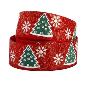 7/8&quot; (1 yard) Merry Christmas Winter flocked glitter tree snowflake grosgrain ribbon crafting ribbon Hair Bow ribbon
