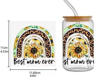 1 pieza UV DTF Sunflower Mama Love Cup Wrap mom mama para vaso de vidrio de 16 onzas pegatina impermeable flor de leopardo Día de la Madre