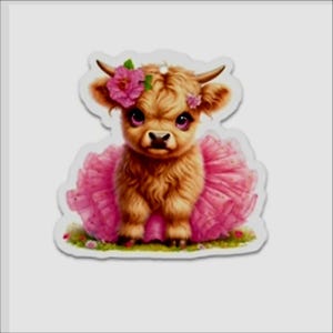 Pode incluir: Um adesivo extravagante com um bezerro de vaca Highland com pelo castanho, usando um tutu rosa e uma coroa de flores. O bezerro tem olhos grandes e expressivos e está sobre um fundo branco.
